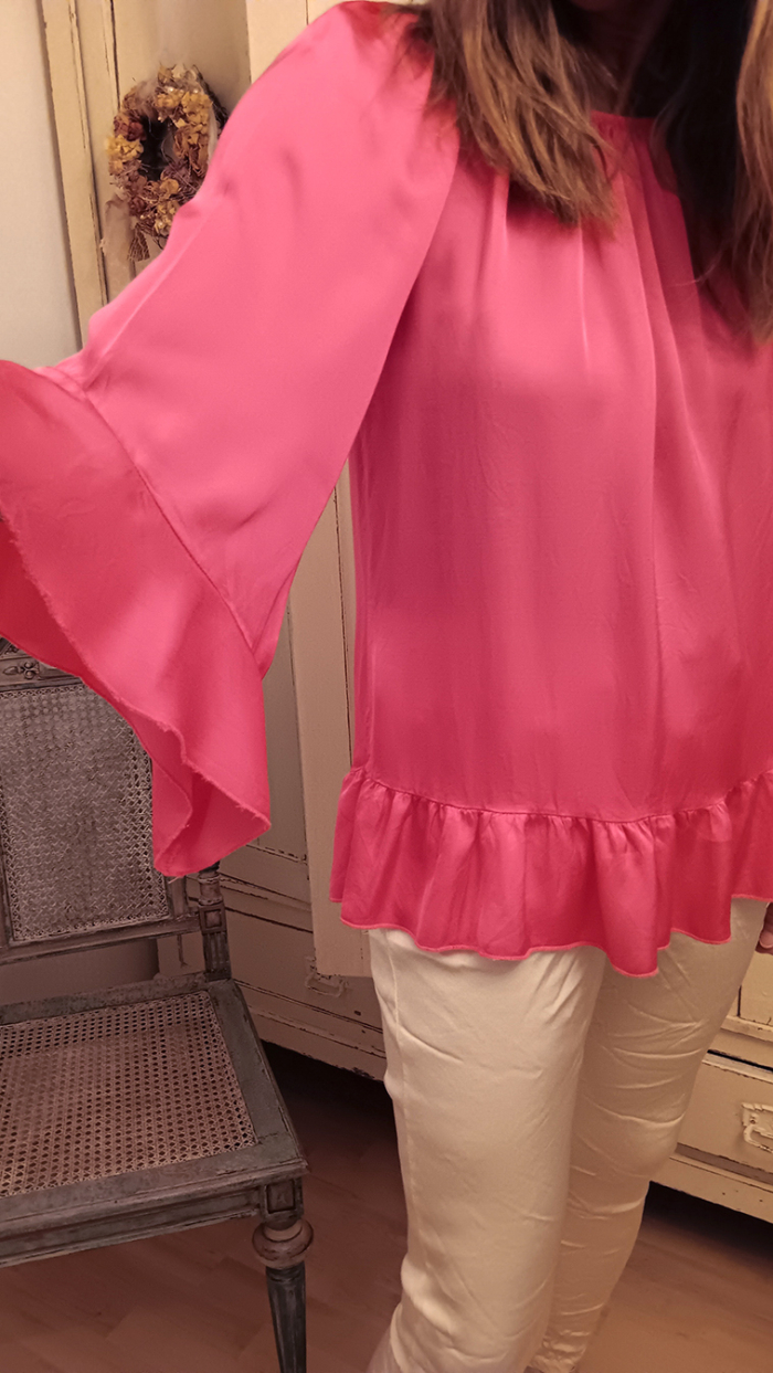 Satinbluse, pink, Ärmel